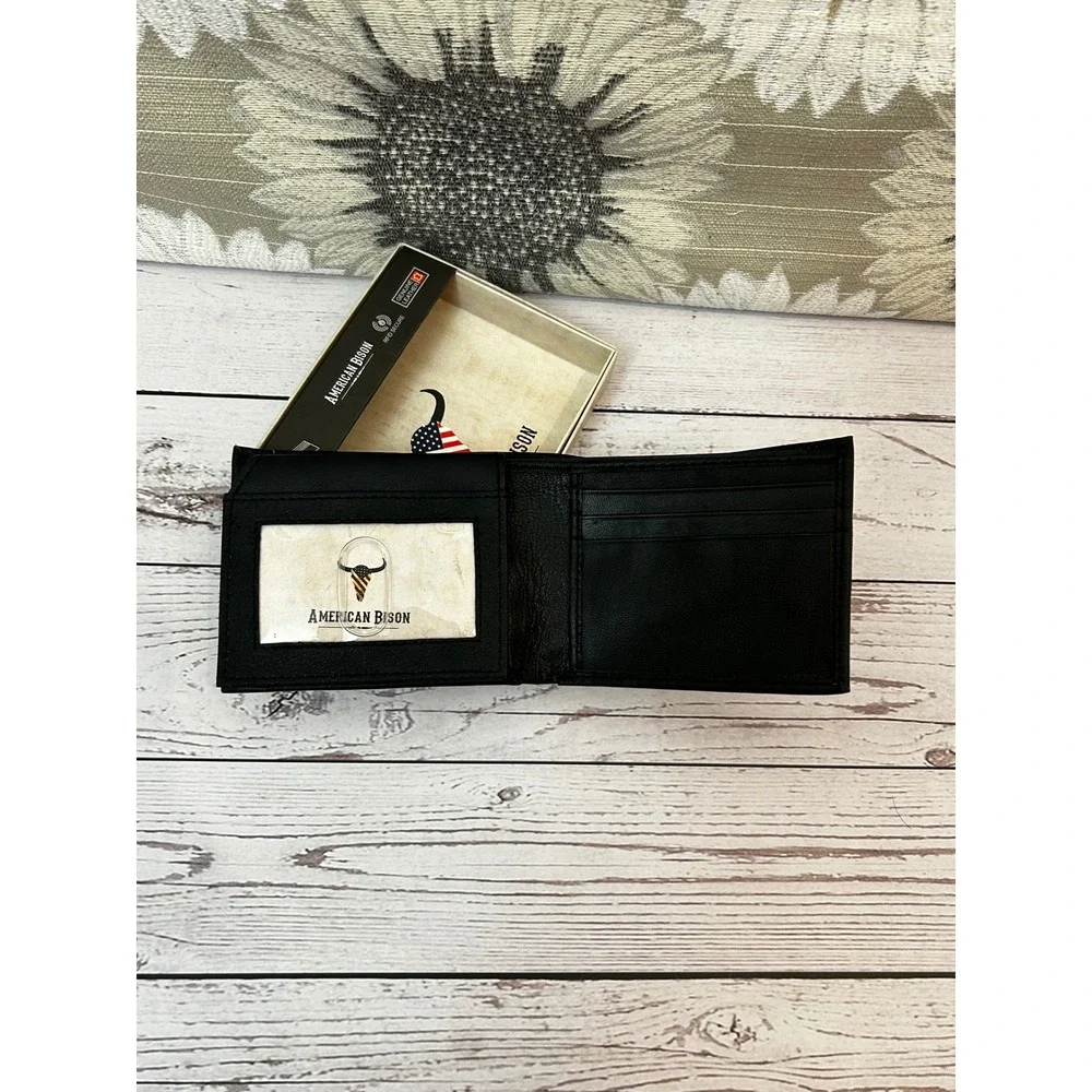 American Bison Mens Black Leather‎ Bifold Wallet RFID Secure Genuine Leather